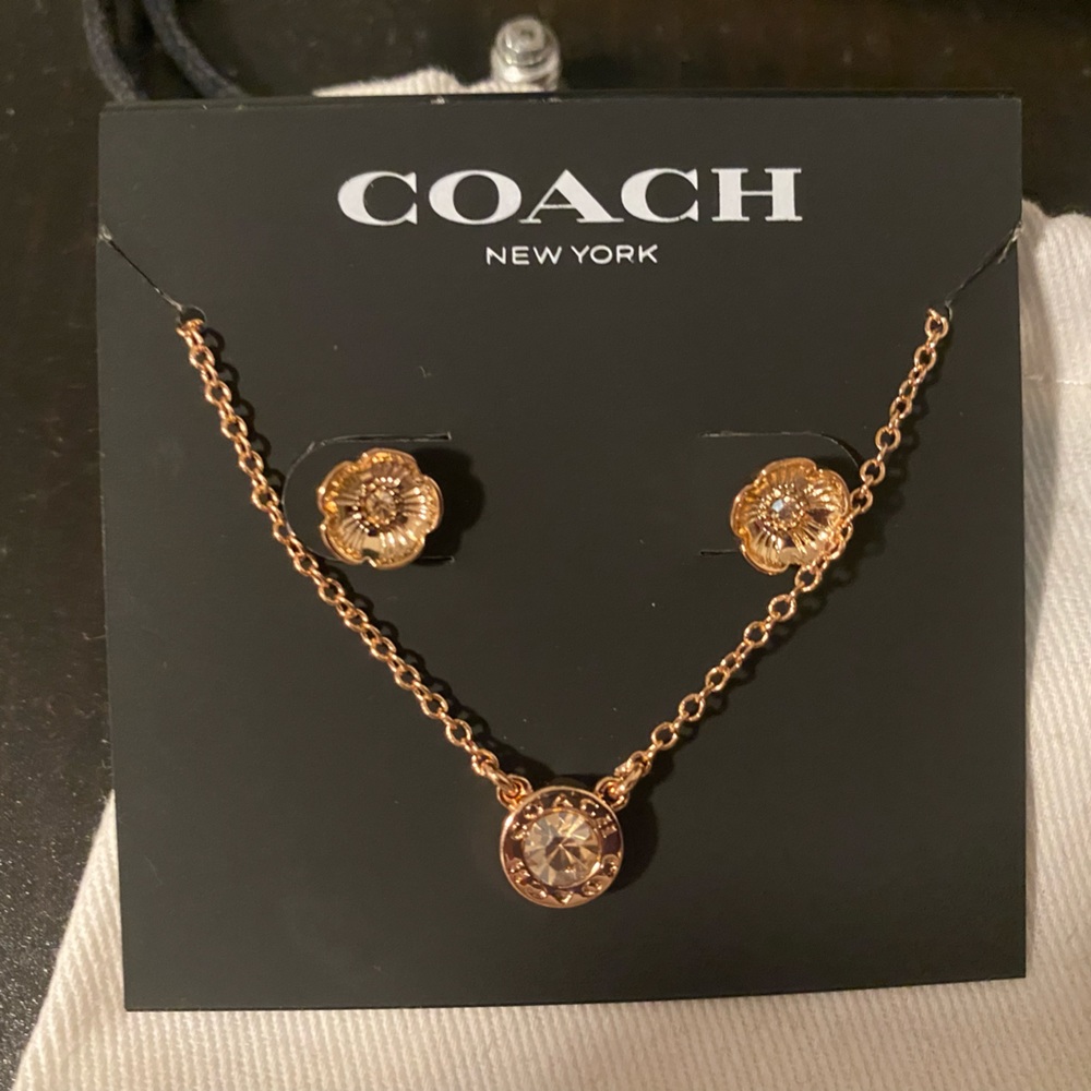 Coach Open Circle Necklace And Tea Rose Stud Earrings Set